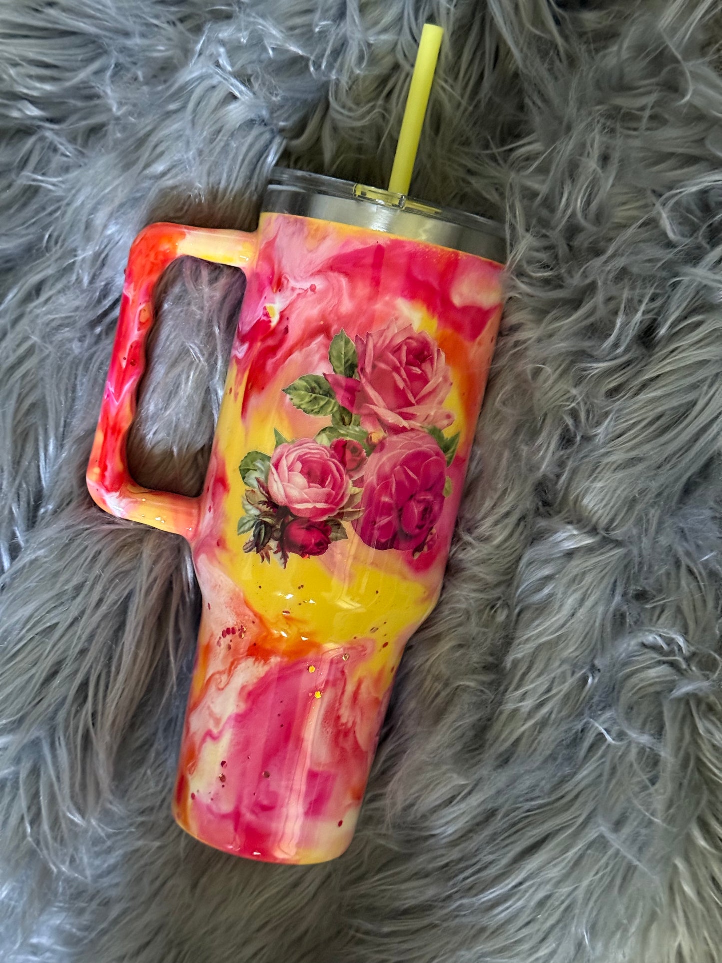 40oz Pink Yellow Rose Tumbler