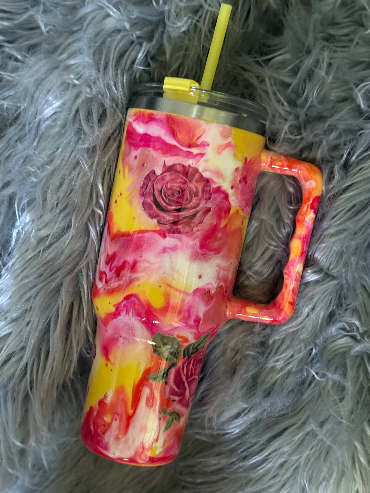 40oz Pink Yellow Rose Tumbler