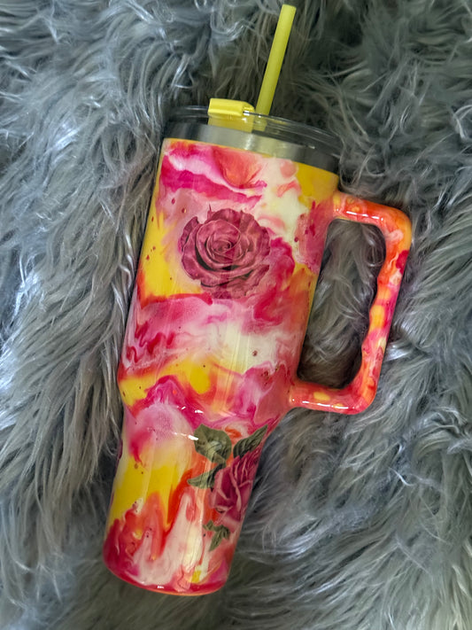 40oz Pink Yellow Rose Tumbler